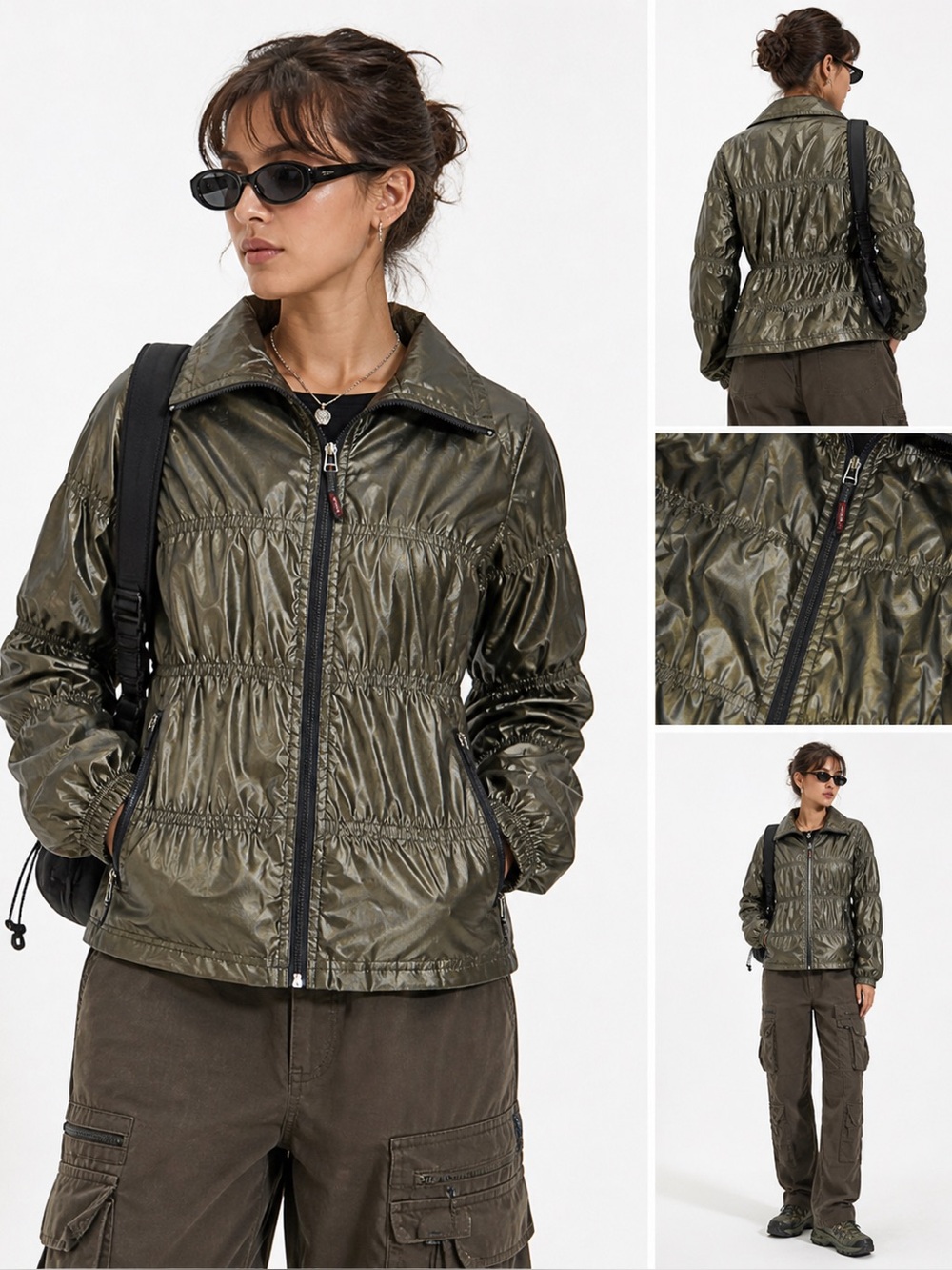 Vintage MOKA Sport Metallic Olive Windbreaker Jacket Ruched‎ Y2K Gorpcore Medium